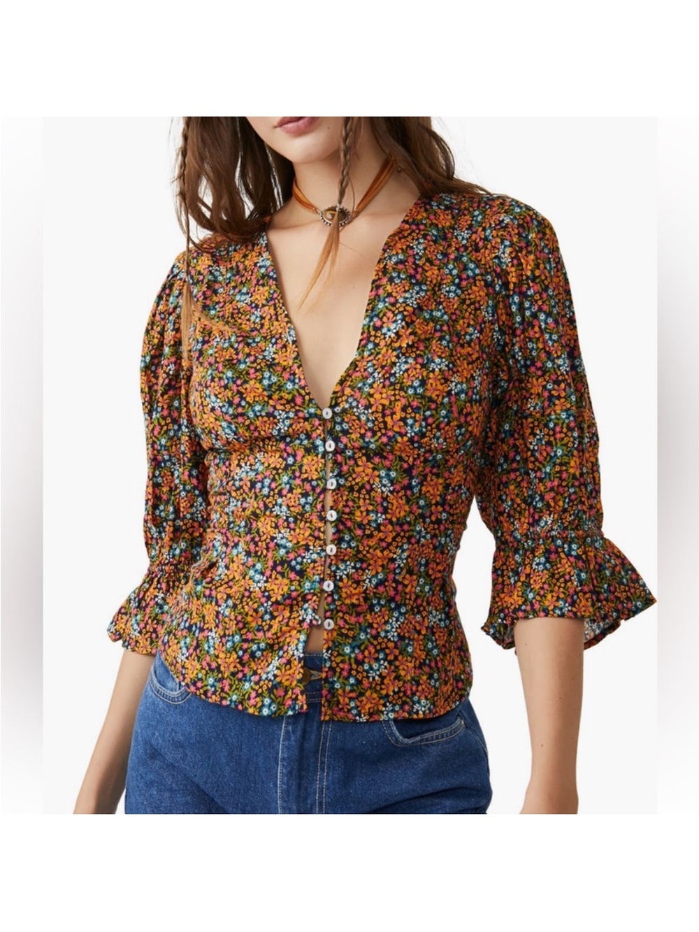 Women’s Free People I Found You Floral Print Button Down Blouse Top Size L